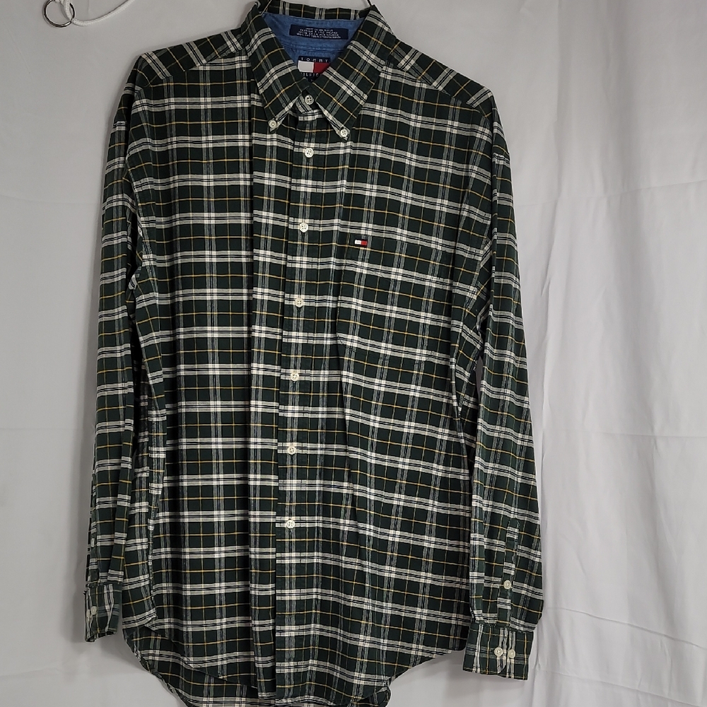 Tommy Hilfiger Green and White Plaid Casual Shirt